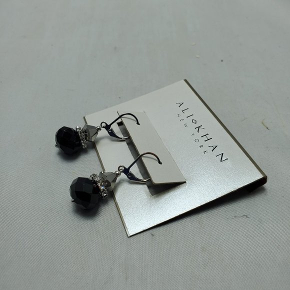 ALI KHAN  imperial black silver French wire with rhinestone spacer earring - Picture 2 of 5